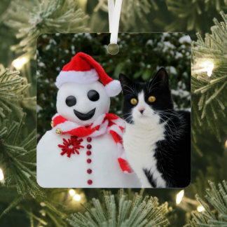 猫とサンタ雪だるまのおもしろいクリスマス写真 –  メタルオーナメント