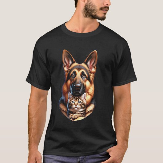猫とジャーマンシェパードのペットデザイン Tシャツ (正面)