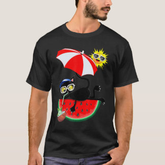 猫とジューシーなスイカ 夏の気分転換 男女兼用デザイン Tシャツ
