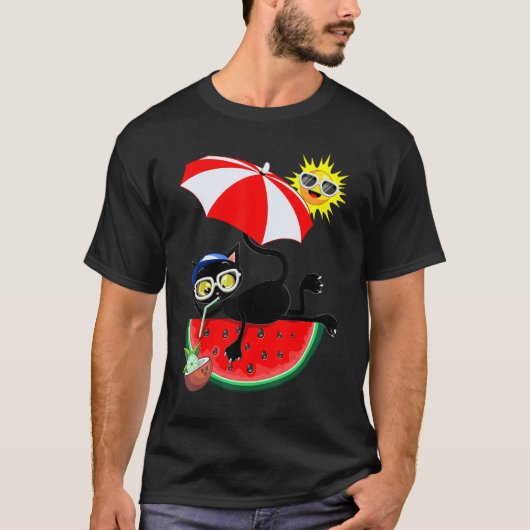 猫とジューシーなスイカ 夏の気分転換 男女兼用デザイン Tシャツ (正面)
