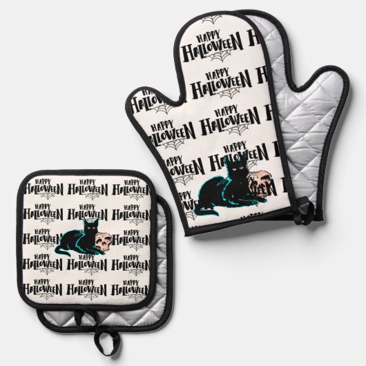 猫とスカルハッピーハローウィン 鍋つかみ&鍋敷きセット (正面/裏面)