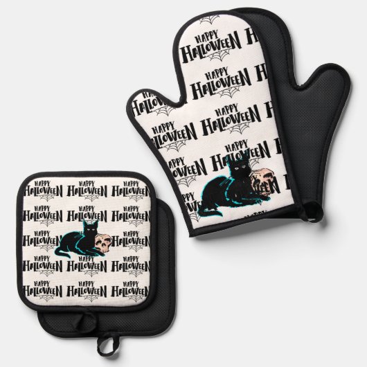 猫とスカルハッピーハローウィン 鍋つかみ&鍋敷きセット (正面/裏面)
