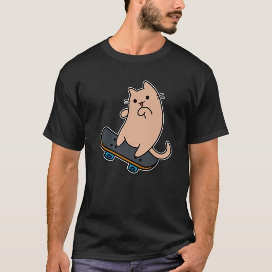 猫とスケートボードのスケートボードおもしろい漫画キット Tシャツ (正面)