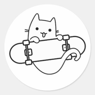 猫とスケートボードのスケートボードハッピーキャットアウトライン ラウンドシール