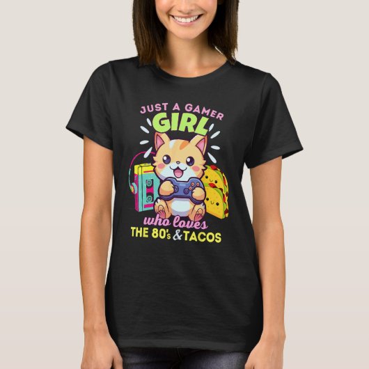 猫とタコスと80年代が好きなゲーマー女子 Tシャツ (正面)