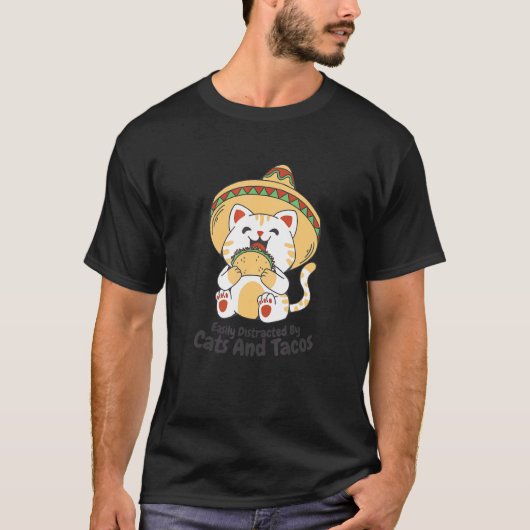 猫とタコスにすぐに気を取られる Tシャツ (正面)