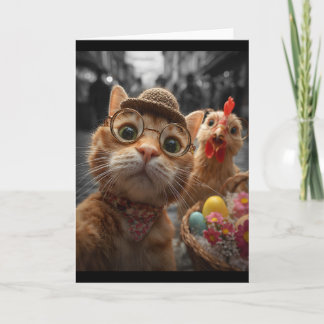 猫とニワトリの自撮り 面白いヴィンテージイースターエッグ カード