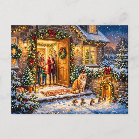 猫とネズミのクリスマス玄関のシーン ポストカード (正面)