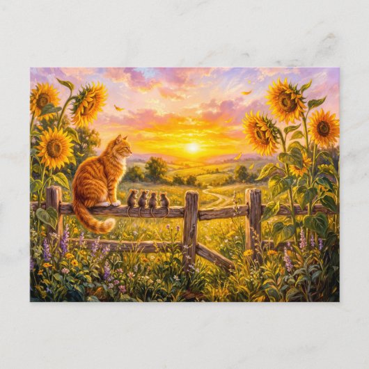 猫とネズミの夕焼けフェンスビュー ポストカード (正面)