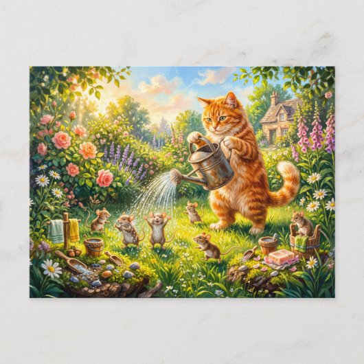 猫とネズミの庭の水遊び ポストカード (正面)