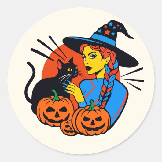 猫とハロウィーンのステッカー魔女 ラウンドシール (正面)