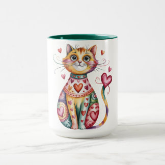 猫とハートのデザインのカラフルマグカップ マグカップ