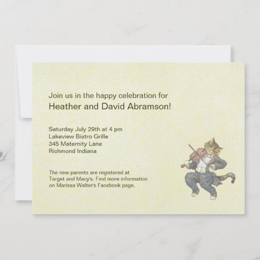 猫とバイオリンの赤ちゃんシャワー黄色のヴィンテージ 招待状 (裏面)