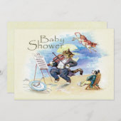 猫とバイオリンの赤ちゃんシャワー黄色のヴィンテージ 招待状 (正面/裏面)