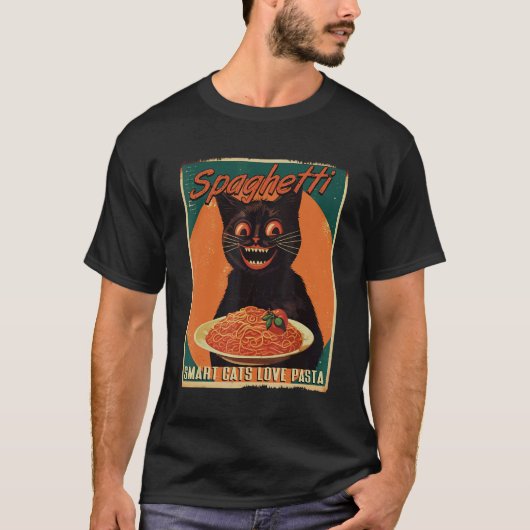 猫とパスタ スマート猫はスパゲッティが大好き 女性 男性 Tシャツ (正面)