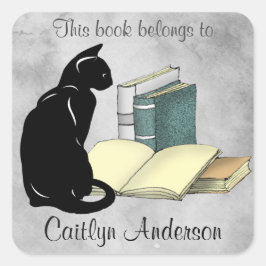 猫とパーソナライズされた本の蔵書票シール スクエアシール