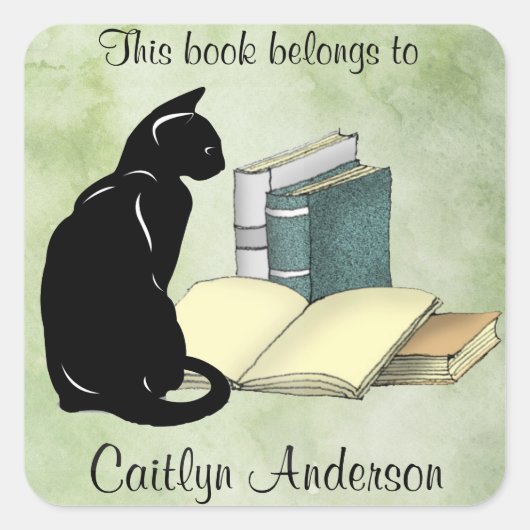 猫とパーソナライズされた本の蔵書票シール スクエアシール (正面)