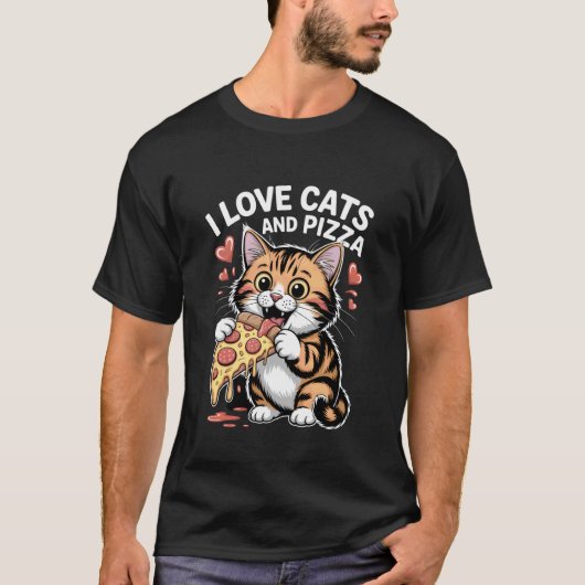 猫とピザが大好き 面白い猫 Tシャツ (正面)