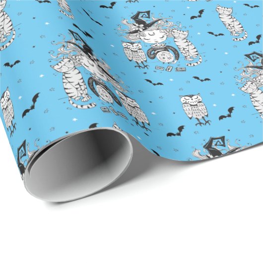猫とフクロウが登場する、かわいいこうもりの女の子 ラッピングペーパー (ロールコーナー)