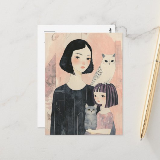 猫とフクロウのネコを持つ母と娘 ポストカード (正面/裏面インサイチュ)