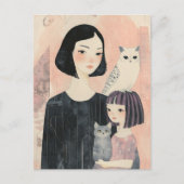 猫とフクロウのネコを持つ母と娘 ポストカード (正面)