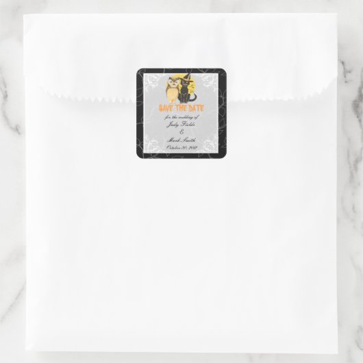 猫とフクロウのハロウィンウェディング日付シールを保存 スクエアシール (バッグ)