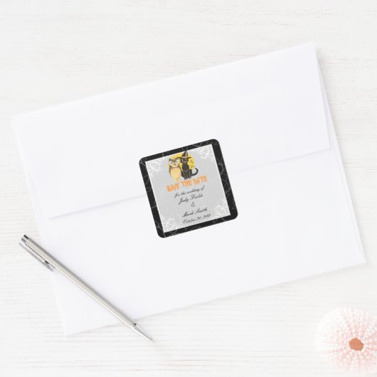 猫とフクロウのハロウィンウェディング日付シールを保存 スクエアシール (封筒)