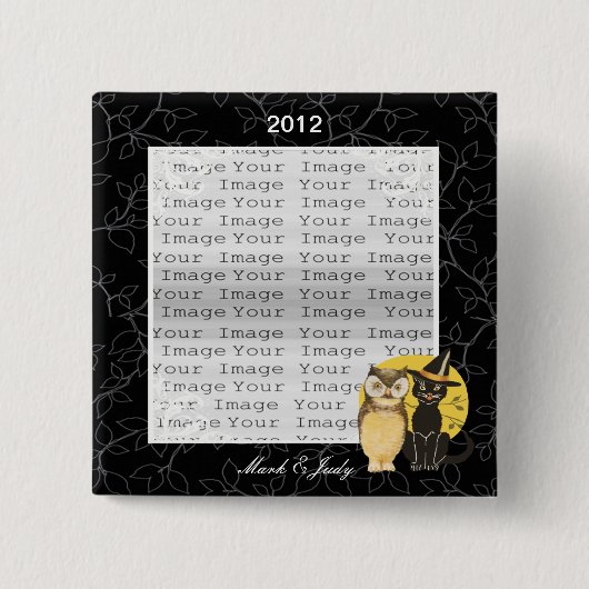 猫とフクロウのハロウィン結婚のボタン 缶バッジ (正面)