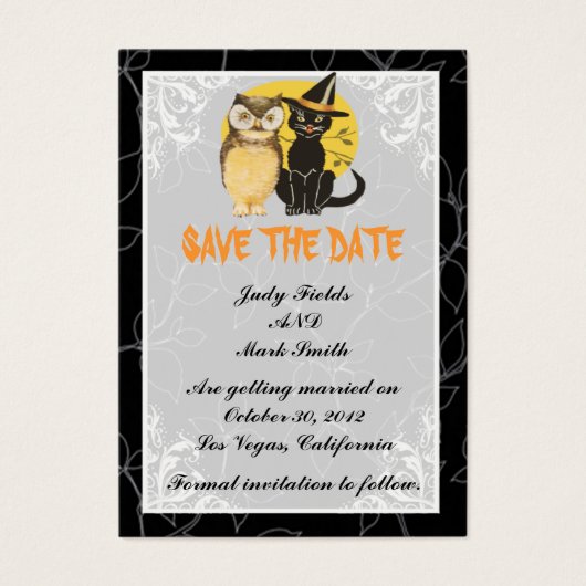 猫とフクロウのハロウィン結婚式 Save The Date カード (正面)