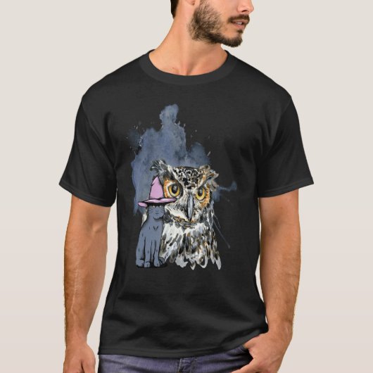 猫とフクロウのペットオーナー Tシャツ (正面)