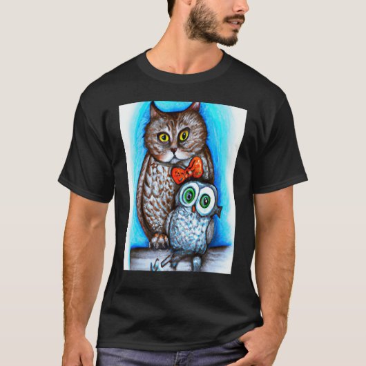 猫とフクロウのミックスアート Tシャツ (正面)