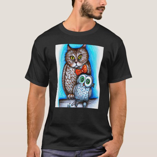 猫とフクロウのミックス Tシャツ (正面)