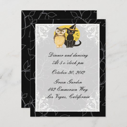 猫とフクロウの結婚披露宴カード 招待状 (正面/裏面)