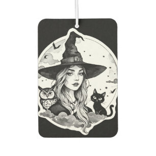 猫とフクロウの魔女 – ハロウィンファンおもしろい1 カーエアーフレッシュナー