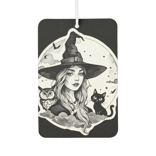 猫とフクロウの魔女 – ハロウィンファンおもしろい1 カーエアーフレッシュナー (正面)