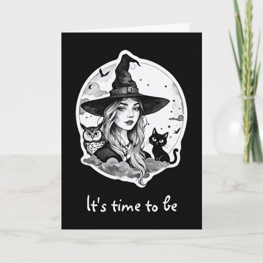 猫とフクロウの魔女 – ハロウィンファンおもしろい1 カード (正面)