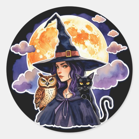 猫とフクロウの魔女 – ハロウィンファンおもしろい2 ラウンドシール (正面)