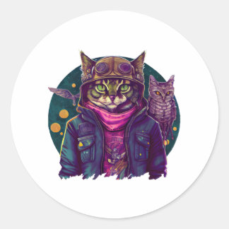 猫とフクロウ ラウンドシール