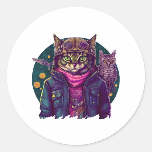 猫とフクロウ ラウンドシール (正面)