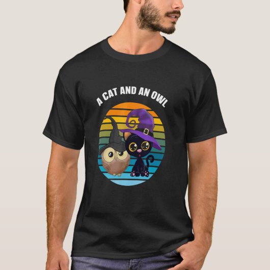 猫とフクロウ Tシャツ (正面)