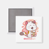 猫とボバミルクティーかわいいスクエアマグネット マグネット (正面/裏面)