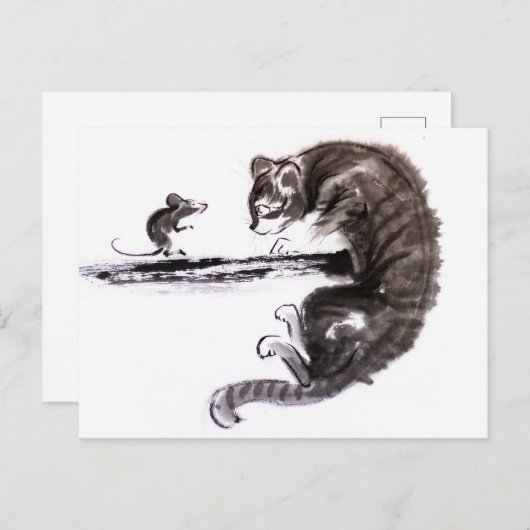 猫とマウスがスミエ絵画の ポストカード (正面/裏面)