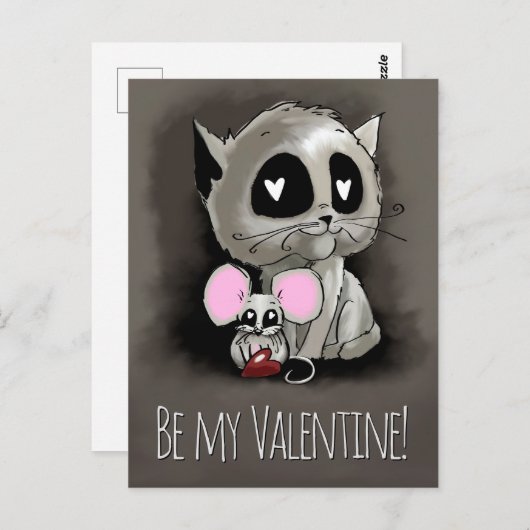 猫とマウスのインクスケッチ、私のバレンタイン ポストカード (正面/裏面)