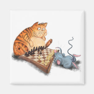 猫とマウス遊のチェスおもしろいの絵画漫画 マグネット