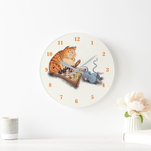 猫とマウス遊のチェスの漫画スケッチおもしろい ラージ壁時計 (ホーム)