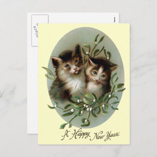 猫とヤドリギのヴィンテージ新年 シーズンポストカード (正面/裏面)
