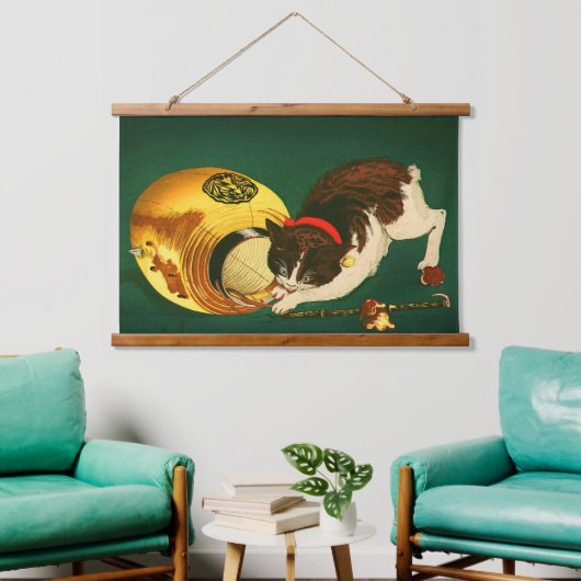 猫とランタン小林清親1886クロップ 吊り下げ型タペストリー (リビング)