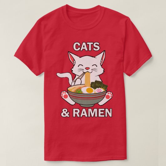 猫とラーメンかわいい子猫日本の食 Tシャツ (デザイン正面)