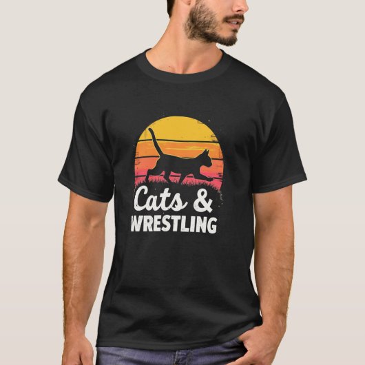 猫とレスリングの遊び心あふれるシルエット Tシャツ (正面)