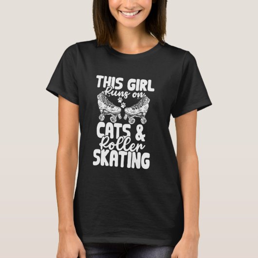 猫とローラースケートで走る女の子 ギ Tシャツ (正面)